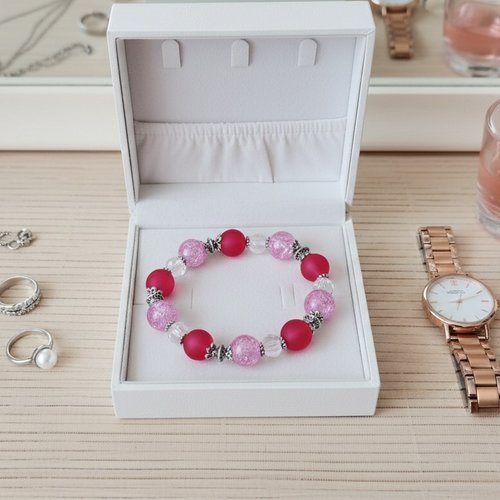 Bracelet fil élastique perles prune et rose
