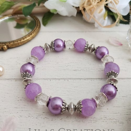 Bracelet fil élastique perles lilas et cristal
