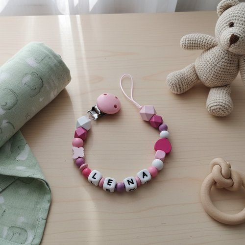 Attache tétine personnalisée perles bois et silicone