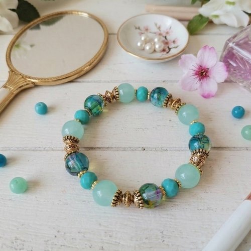 Bracelet perles en verre imitation jade verte