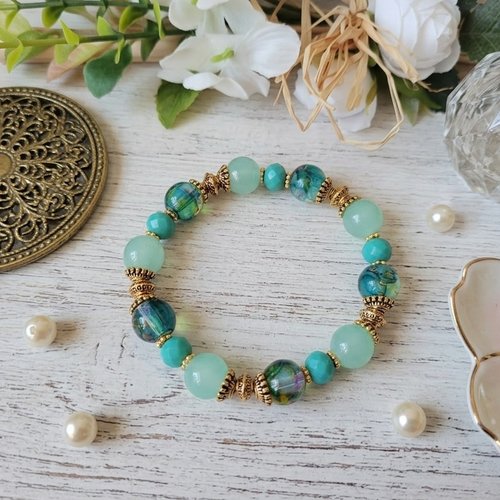 Bracelet perles en verre imitation jade verte