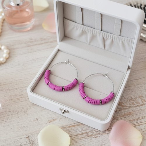 Boucles d'oreilles créoles acier inoxydable ciselé et perles heishi