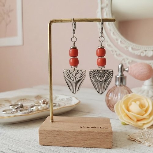 Boucles d'oreilles acier inoxydable, pendentif ail et perles colonnes