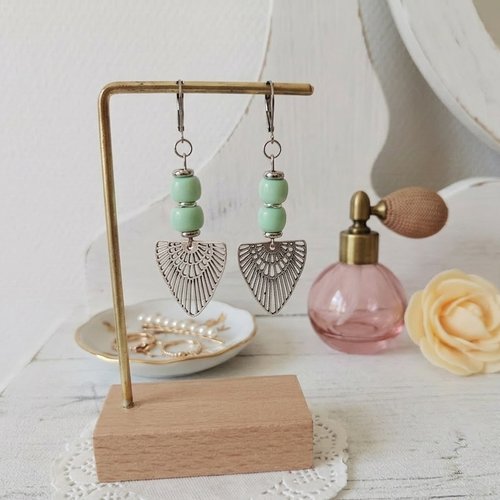 Boucles d'oreilles acier inoxydable, pendentif ail et perles colonnes