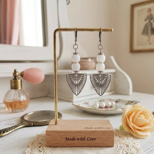 Boucles d'oreilles acier inoxydable, pendentif ail et perles colonnes