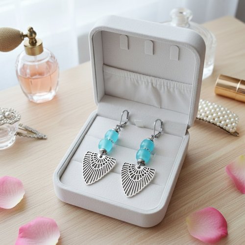 Boucles d'oreilles acier inoxydable, pendentif ail et perles colonnes