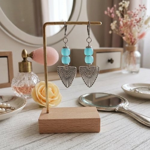 Boucles d'oreilles acier inoxydable, pendentif ail et perles colonnes