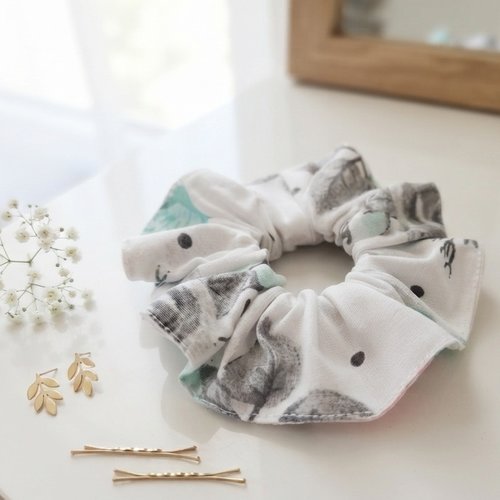 Chouchou coton blanc et fleurs