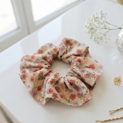 Chouchou coton beige et fleurs