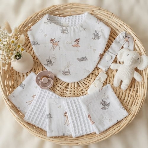 Coffret naissance bavoir, doudou, attache tétine et 11 lingettes