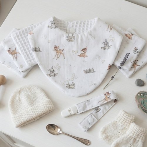 Coffret naissance bavoir, doudou, attache tétine et 11 lingettes