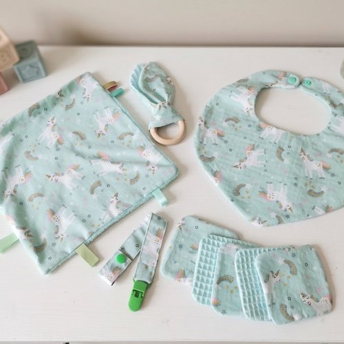 Coffret naissance/box naissance bavoir, doudou, hochet, attache tétine et 6 lingettes  vert