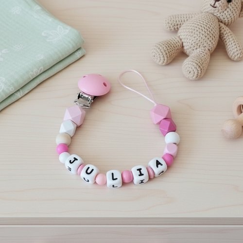 Attache tétine personnalisée perles bois et silicone