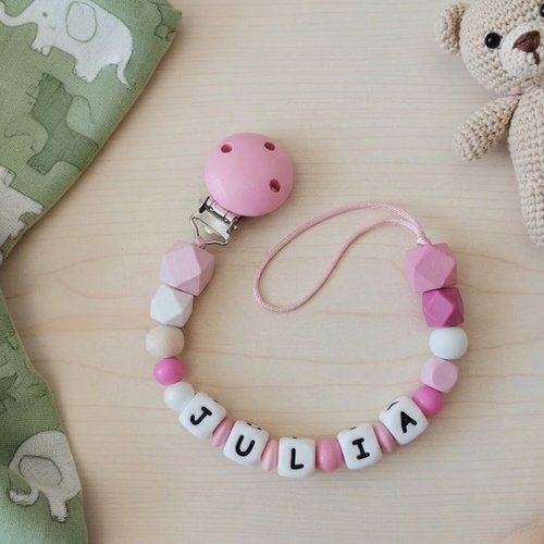 Attache tétine personnalisée perles bois et silicone