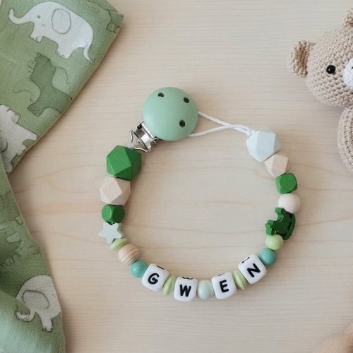 Attache tétine personnalisée perles bois et silicone