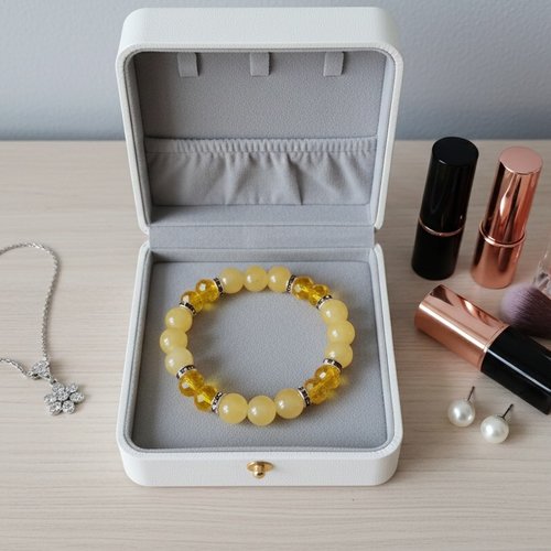 Bracelet perles en verre imitation jade et à facettes jaunes