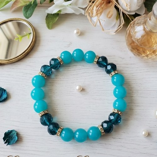 Bracelet perles en verre imitation jade bleue et à facettes turquoise