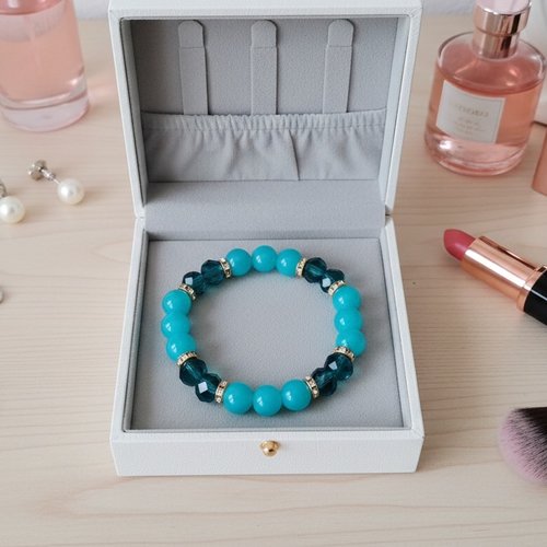 Bracelet perles en verre imitation jade bleue et à facettes turquoise