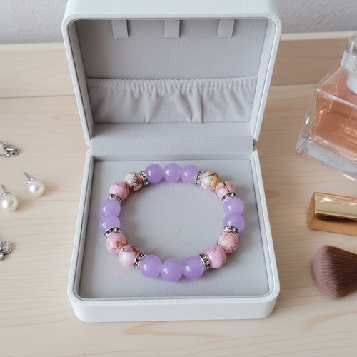 Bracelet perles en verre imitation jade mauve et rose tréfilé