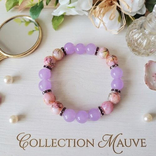 Bracelet perles en verre imitation jade mauve et rose tréfilé