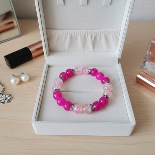 Bracelet perles en verre imitation jade fuchsia et rose craquelé