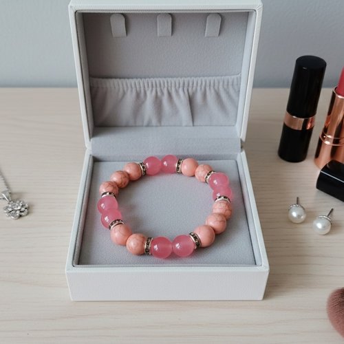 Bracelet perles en verre imitation jade saumon et orange tréfilé