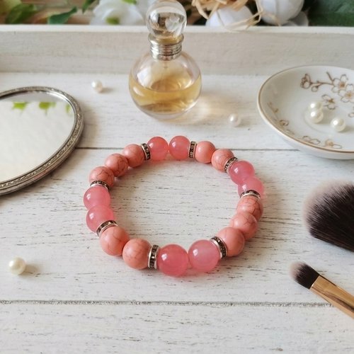Bracelet perles en verre imitation jade saumon et orange tréfilé