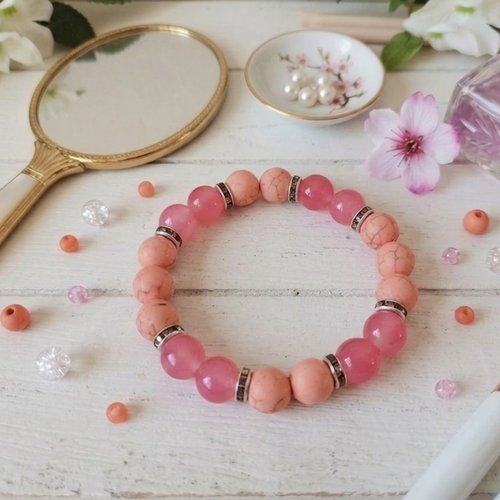 Bracelet perles en verre imitation jade saumon et orange tréfilé