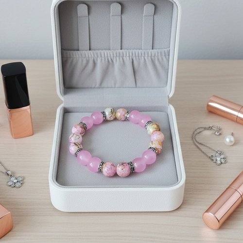 Bracelet perles en verre imitation jade rose et tréfilé