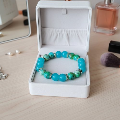 Bracelet perles en verre imitation jade turquoise et tréfilé