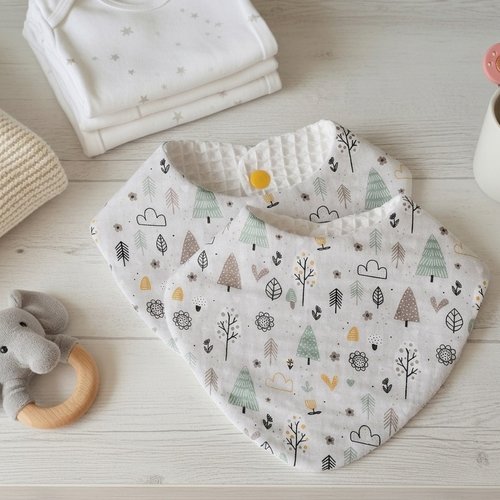 Lot de 2 bavoirs naissance coton gris et nid d'abeilles blanche