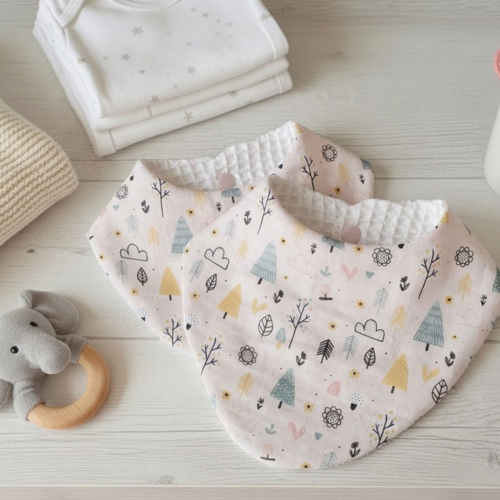 Lot de 2 bavoirs naissance coton rose et nid d'abeilles blanche + 4 lingettes