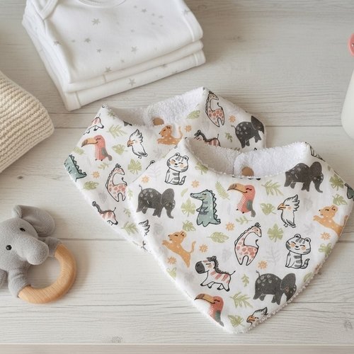 Lot de 2 bavoirs naissance coton blanc et éponge blanche