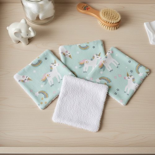 Boite de 4 lingettes bébé coton imprimé licornes et éponge blanche