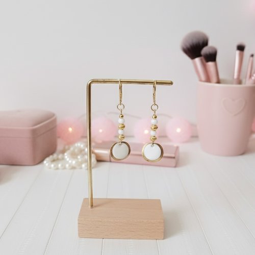 Boucles d'oreilles acier inoxydable doré et sequin émail blanc