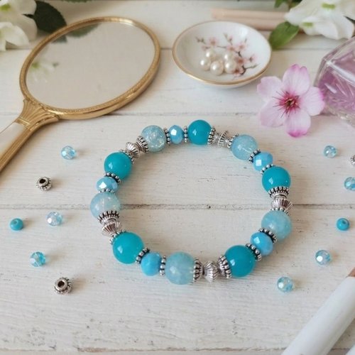 Bracelet fil élastique perles imitation jade et craquelé