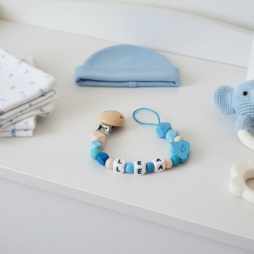 Attache tétine personnalisée perles bois et silicone