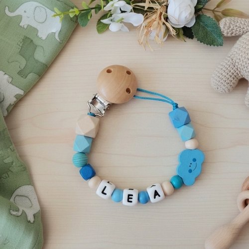 Attache tétine personnalisée perles bois et silicone
