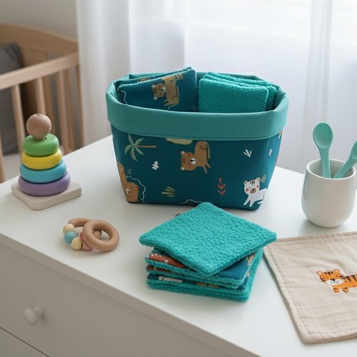Panier et 12 lingettes bébé turquoise et vert