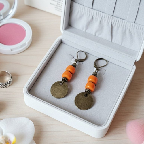 Boucles d'oreilles pendentif métal et perles en verre colonne