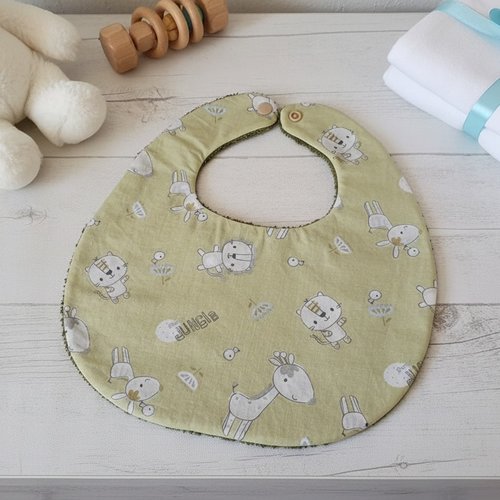 Bavoir bébé coton vert anis et motif animaux