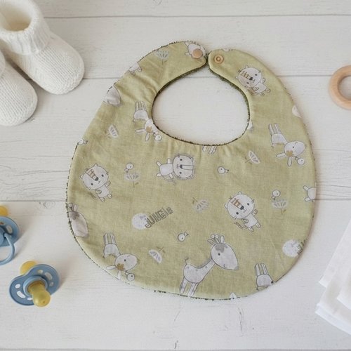 Bavoir bébé coton vert anis et motif animaux