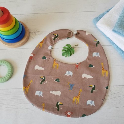 Bavoir bébé coton marron et motif animaux