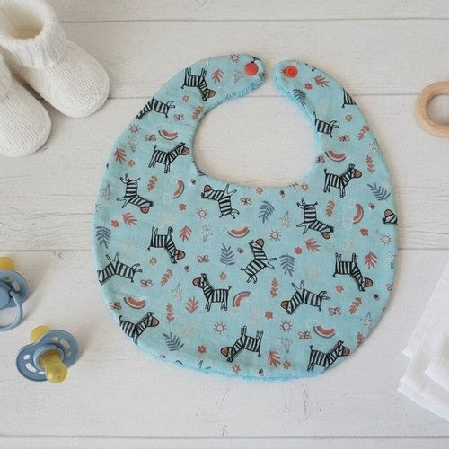 Bavoir bébé coton bleu et motif zèbres