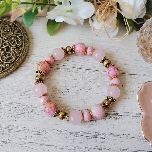 Bracelet perles en verre imitation jade rose
