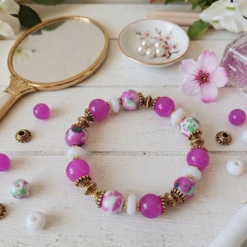 Bracelet perles jade fuchsia