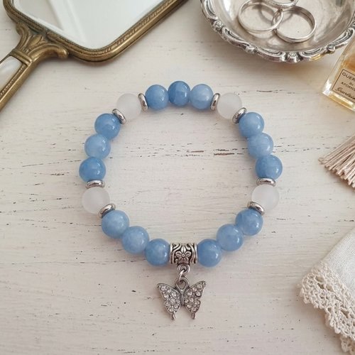 Bracelet fil élastique perles en verre imitation jade