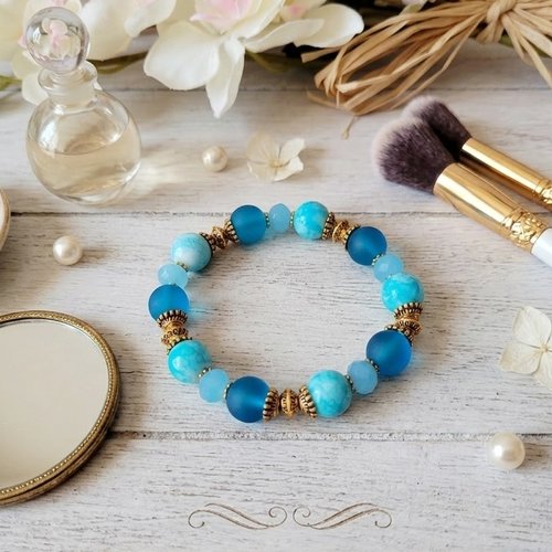 Bracelet fil élastique perles en verre givré bleu