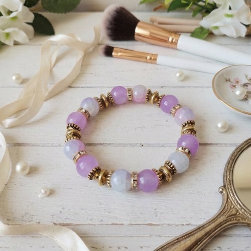 Bracelet fil élastique perles imitation jade et craquelé lilas