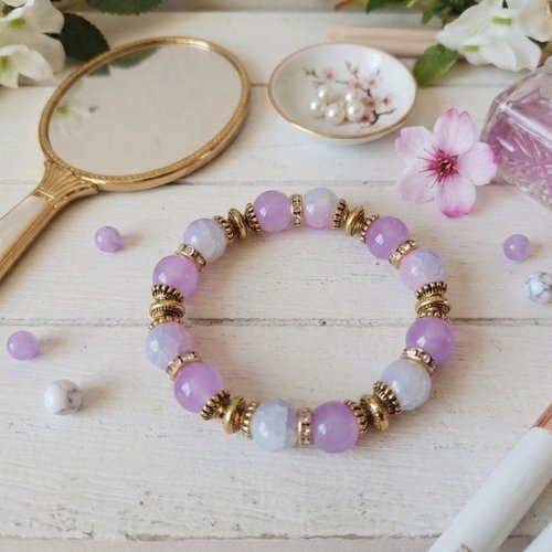 Bracelet fil élastique perles imitation jade et craquelé lilas